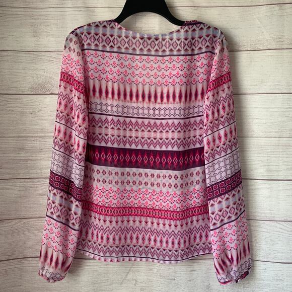Decree Pink Sheer Geometric Pattern Blouse Swim Cover Up Tie Neck Size M - Picture 7 of 16